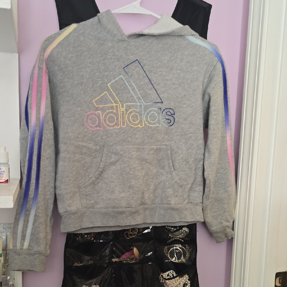 Adidas Kids Gray Hoodie with Multicolor Stripes
